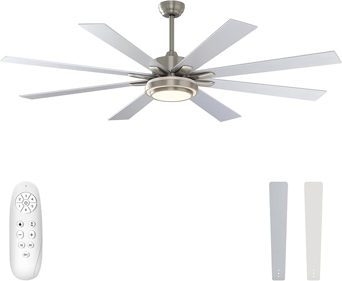 warmiplanet 62 Inch Indoor Ceiling Fans with Lights, 6 Speeds Slient Reversible DC Motor, 3 Color Dimmable LED Light, Timer, Nickel, 8 Blades