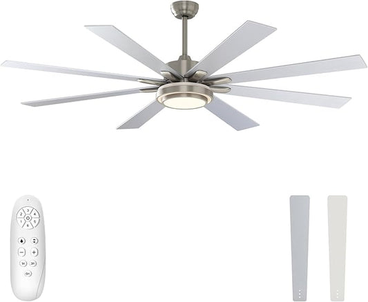 warmiplanet 62 Inch Indoor Ceiling Fans with Lights, 6 Speeds Slient Reversible DC Motor, 3 Color Dimmable LED Light, Timer, Nickel, 8 Blades