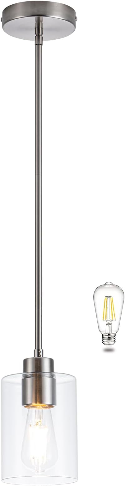 MAYNA 1-Pack Brushed Nickel Ceiling Light Fixture, Simple Silver Mini Pendant with Bulb, Adjustable Rods Contemporary Hanging Lamp for Foyer, Corridor, Sink
