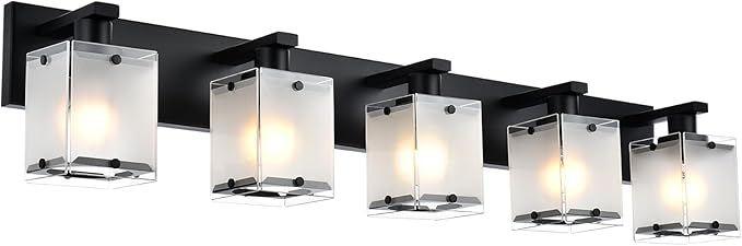 5-Lights Bathroom Light Fixtures, Matte Black Modern Vanity Lights with Rectangular Frosted Glass for Over Mirror Dressing Table, E26 Bulb Base