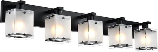 5-Lights Bathroom Light Fixtures, Matte Black Modern Vanity Lights with Rectangular Frosted Glass for Over Mirror Dressing Table, E26 Bulb Base