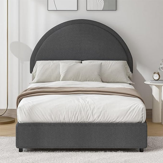 Twin Size Bed Frame, Boucle Upholstered Platform Bed with Headboard, Cloud Bed Frame with Soft Rounded Corners, No Box Spring Required, Easy Assembly, Dark Grey