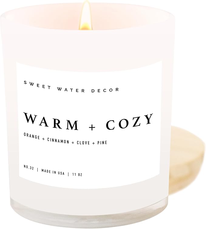 Sweet Water Decor Warm and Cozy Soy Candle - Pine, Orange, Cinnamon, and Fir Winter Scented Candle for Home - 11oz White Jar with Wood Lid, 50+ Hour Burn Time, Made in The USA