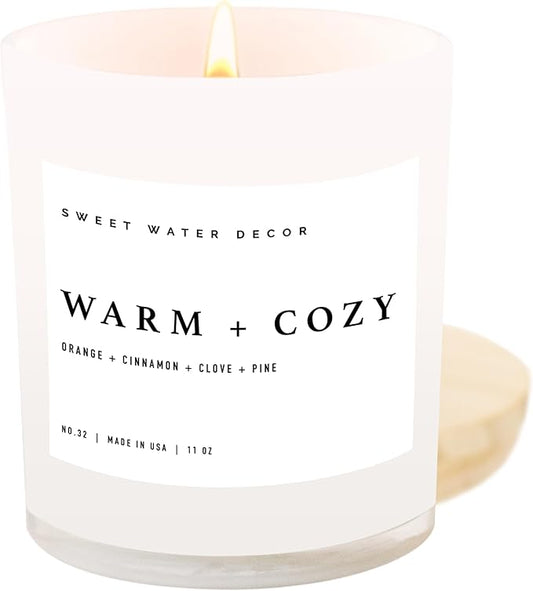 Sweet Water Decor Warm and Cozy Soy Candle - Pine, Orange, Cinnamon, and Fir Winter Scented Candle for Home - 11oz White Jar with Wood Lid, 50+ Hour Burn Time, Made in The USA