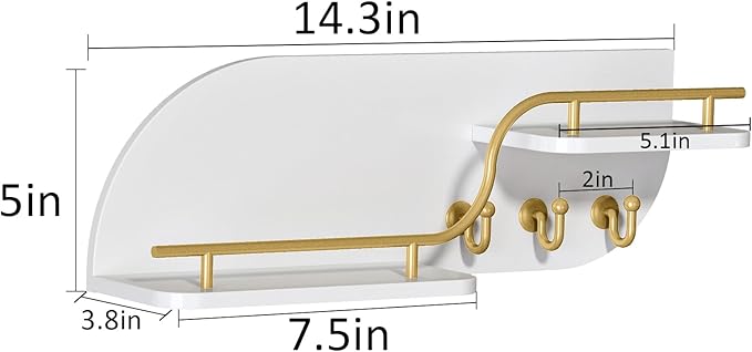 Key Holder for Wall, Decorative Key and Mail Organizer with 3 Metal Hooks and 2 Shelves, Wood Wall Mounted Key Rack for Entryway, White