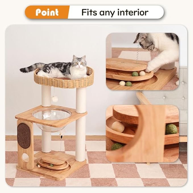 Wood Cat Tree for Large Cats, Modern Cat Tree Tower with Wide Shelves Cotton Scratching Posts, Super Sturdy Base, Cozy Perches, and Interactive Toys for Indoor Kittens 31-Inch