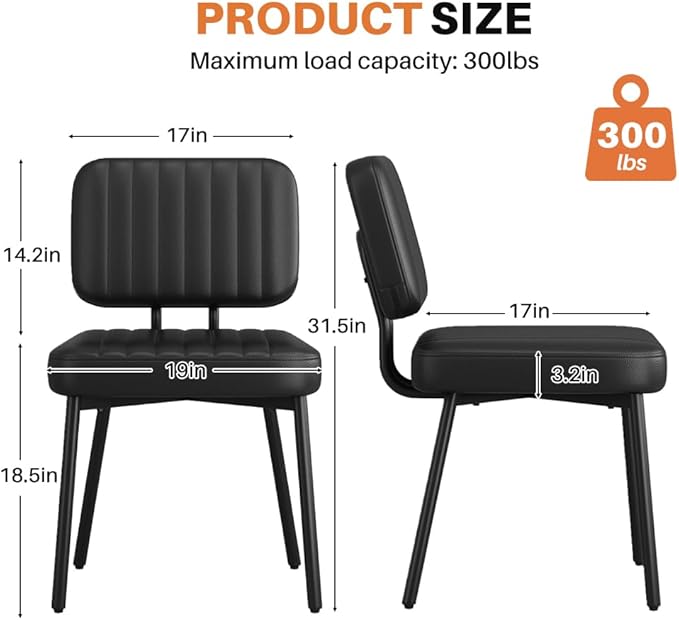 Dining Chairs, Upholstered Mid Century Modern Kitchen Dining Room Accent Chairs with Faux Leather Cushion Seat & Metal Legs for Kitchen, Living Room (Black, Set of 2)