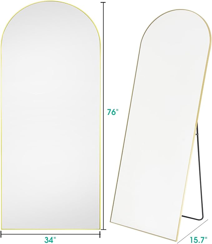 Gold Arch Mirror - 34in x 76in Freestanding Full Body Mirror, Wall-Mount Option for Bedroom