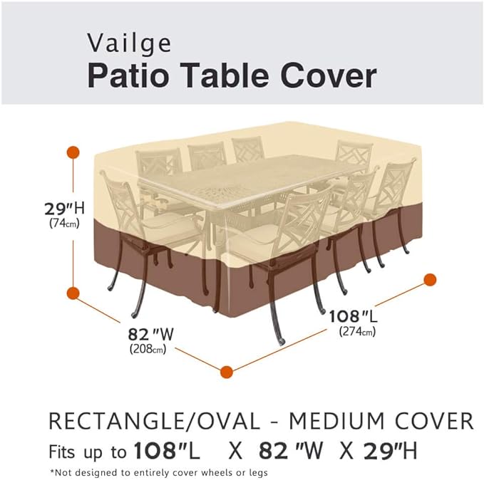 Vailge Waterproof Patio Furniture Set Cover with Padded Handles, Patio/Outdoor Table Cover, Patio/Outdoor Dining Rectangular Table Chairs Cover Medium