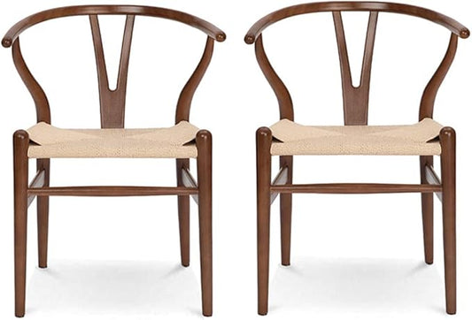 Wishbone Chair Natural Solid Wood Dining Chair/Hans Vegner Y Chair Rattan and Wood Accent Armrest Chairs (Ash Wood - Walnut 2 Chairs)