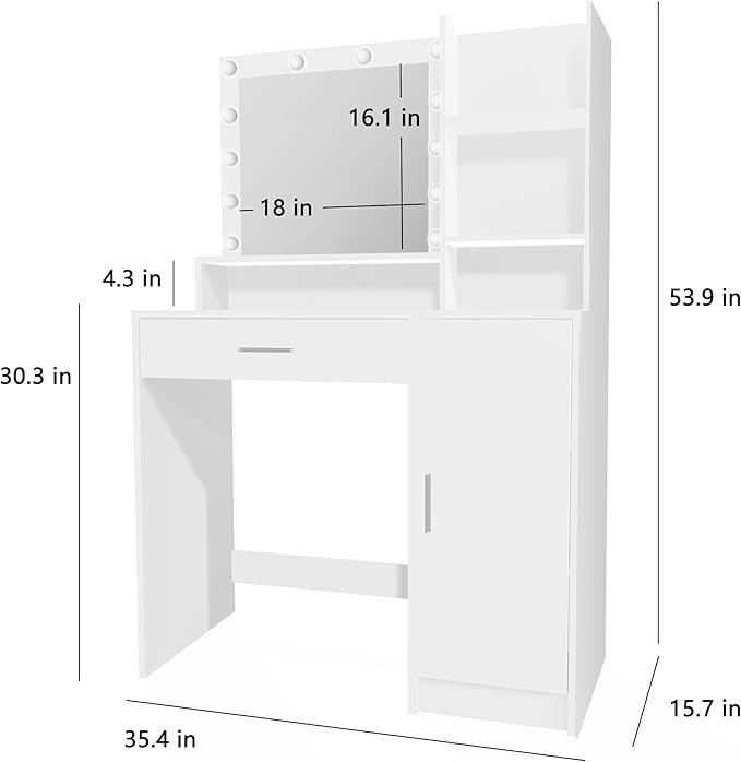 Vanity Desk with Mirror and Light, Large Drawer and Three Level Storage Dresser, 3 Lighting Modes Adjustable Brightness, Bedroom Dressing Table (White)