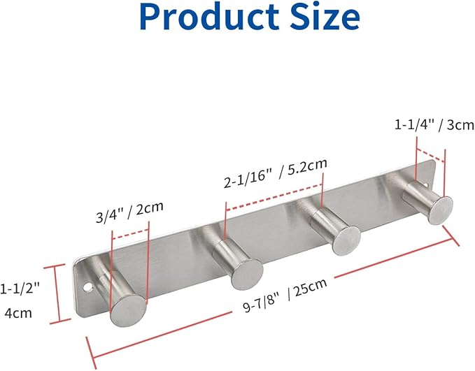 Small Coat Rack Hooks for Wall, Screw in and Adhesive Hooks, Stainless Steel, Door Hooks with 4 Heavy Duty Hooks for Coat Hat Towel Key (4 Hooks, Silver)