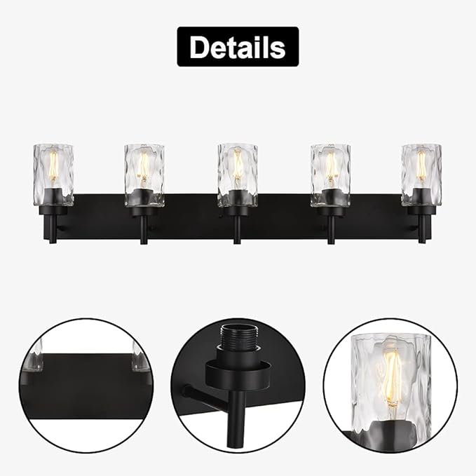 BONLICHT Modern Bathroom Lighting Over Mirror 5-Lights Rustic Bath Vanity Wall Mounted Light Fixtures Black Farmhouse Wall Sconce Lamp with Clear Hammered Glass Shade for Kitchen Living Room Hallway
