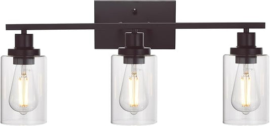 MELUCEE 3 Light Bathroom Vanity Light Oil Rubbed Bronze, Industrial Wall Light Fixture with Clear Glass Shade Sconces for Bedroom Porch Kitchen Living Room (Patent No.: US D963914 S)