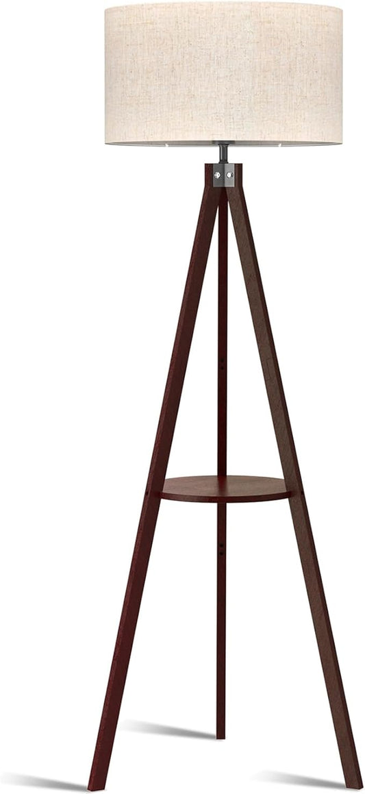 LEPOWER Tripod Floor Lamp, Mid Century Wood Standing Lamp, Modern Design Shelf Floor Lamp for Living Room, Bedroom, Office, Flaxen Linen Shade with E26 Lamp Base Walnut