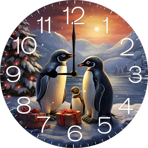 Christmas Tree and Penguins Wall Clock Large Silent Non-Ticking Battery Operated Modern Clocks for Living Room Decor/Bedroom/Office (10x10 in)