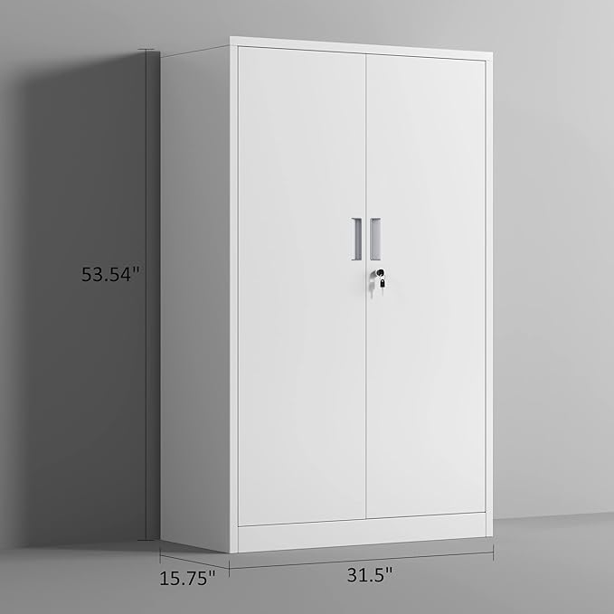Metal Storage Cabinet with Locking Doors and 3 Adjustable Shelves, 53.5-Inch Lockable Storage Cabinets for Home Office Garage Kitchen Pantry (White)