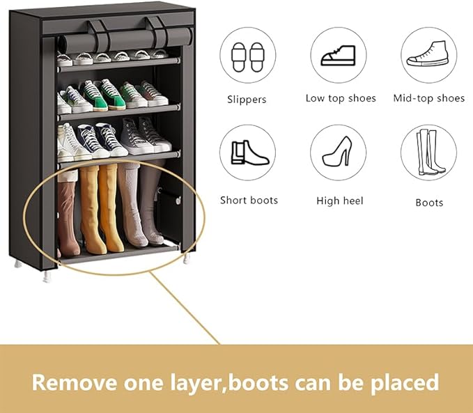 Calmootey 5 Tier Shoe Rack Organizer,Portable Shoe Shelf with Nonwoven Fabric Cover for Closet Hallway,Bedroom,Entryway,Grey