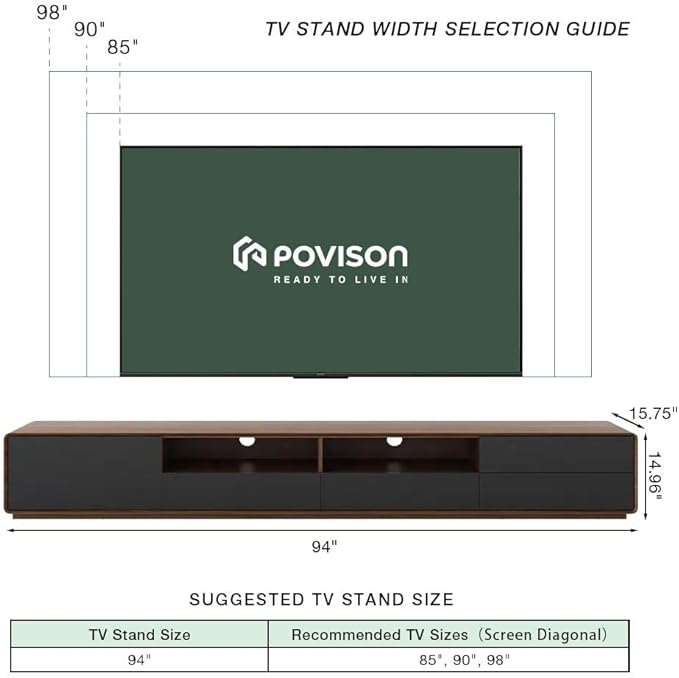 POVISON Fully-Assembled Mid Century Modern TV Stand with LED Lights, Wood Media Console with 4 Drawers for 85+ inch TV, Entertainment Center with Open Storage Cabinet