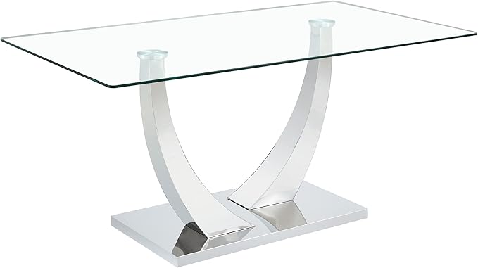 Modern Rectangular Glass Dining Table for 6-8 with Tempered Glass Tabletop and Silver Chrome Metal U-Shaped Pedestal for Kitchen Dining Living Meeting Room Banquet Hall (Silver7)