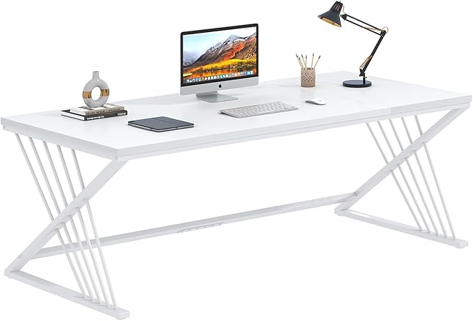 FOLUBAN 70.9" Modern Computer Desk with Z-Shaped Legs, Industrial Executive Home Office Desk for 2 Person, Large Writing Study Table for Bedroom, Gaming Workstation, White