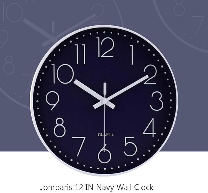 jomparis 12 Inch Silent Non-Ticking Battery Operated Quality Quartz Round Wall Clock Navy Blue Color Modern Decor Clock for Home Office Bedroom Classroom