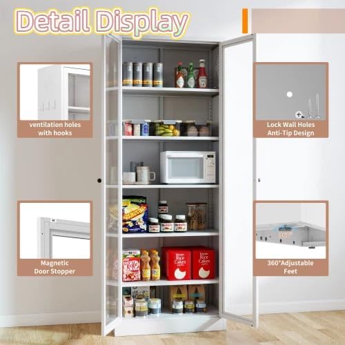 72'' Storage Cabinet, 5 Adjustable Shelves Kitchen Pantry with 2 Glass Doors, Tall White Metal Storage Cabinet with External Hooks, Freestanding Heavy-Duty Pantry for Kitchen