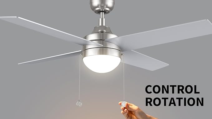 CEME 52" Ceiling Fan with Light Low Profile, DC 5 Speeds Silent Ceiling Fan with Remote, 5 Dual Finish Blades, 3 Light Colors Dimmable LED for Bedroom Room,Silver