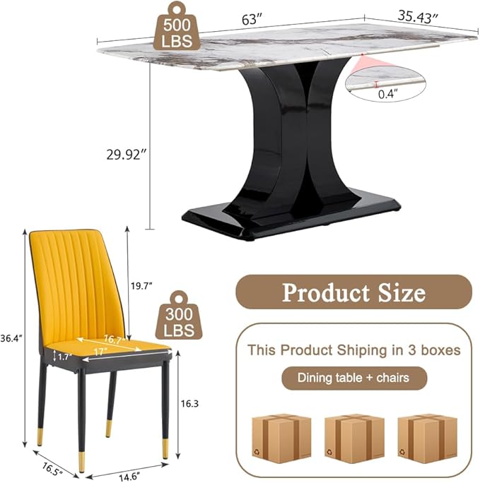 Modern Dining Table Set for 6, Marble Kitchen Table Chair Set for 6, Rectangular Kitchen Table with 6 Pu Leather Upholstered Chair for Dining Room