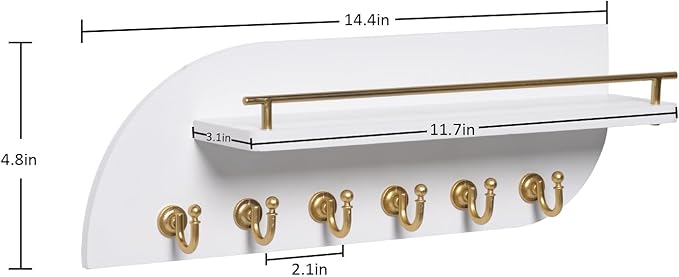 Key Holder for Wall, Decorative Key and Mail Organizer with 6 Sturdy Metal Hooks and Floating Shelf, 14 Inches Wood Wall Mounted Key Rack for Entryway, White and Gold