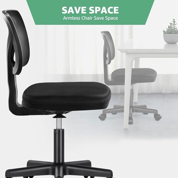 Armless Mesh Office Chair, Ergonomic Low Back Deskchair, Adjustable Rolling Task Computer Swivelchairs for Small Spaces Home Bedroom Study, Black