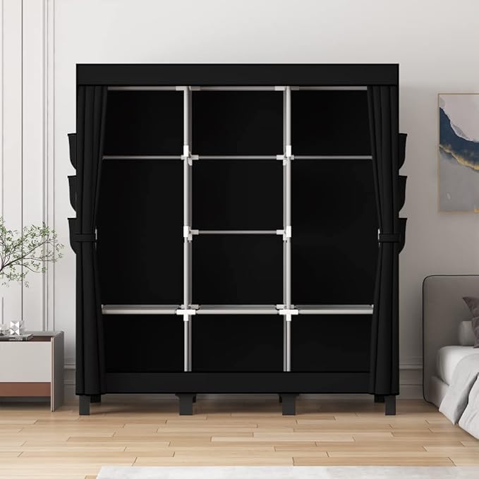 Portable Closet, Clothes Storage Box, Simple Wardrobe for Hanging Clothes, Multiple Shelves and 3 booms,6 Side Pockets (Black)” (Black, Large)