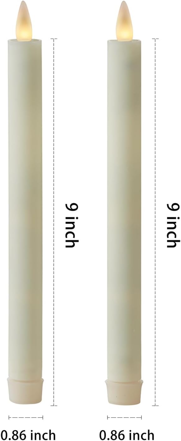 Flameless Taper Candles Flickering with Remote and Timer, 3D Moving Flame Taper Candle Battery Operated to 400 Hours, 9 Inch Window Candles, (Ivory)