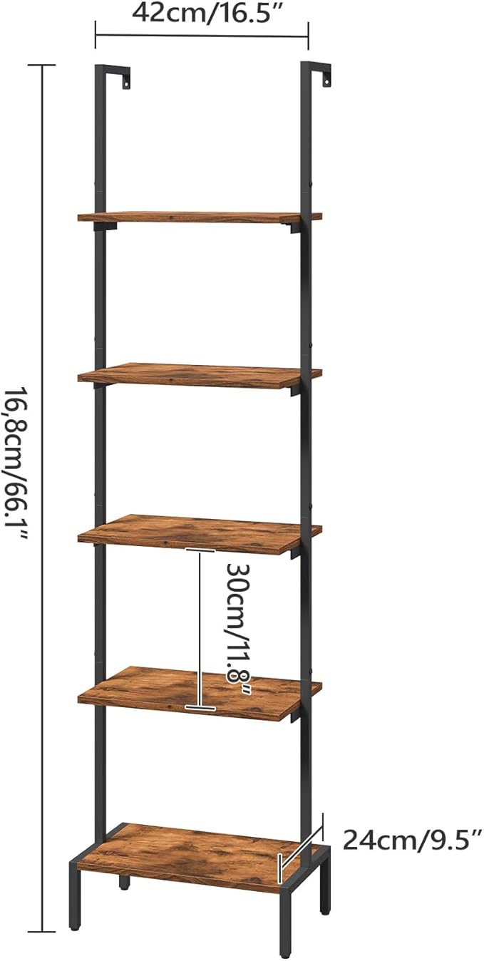 Ladder Shelf, 5-Tier Bookshelf, Ladder Bookcase with Wall Mount, Heavy Duty Industrial Style Storage Rack for Living Room, Office, Kitchen, Bedroom, Rustic Brown and Black LSHR5501
