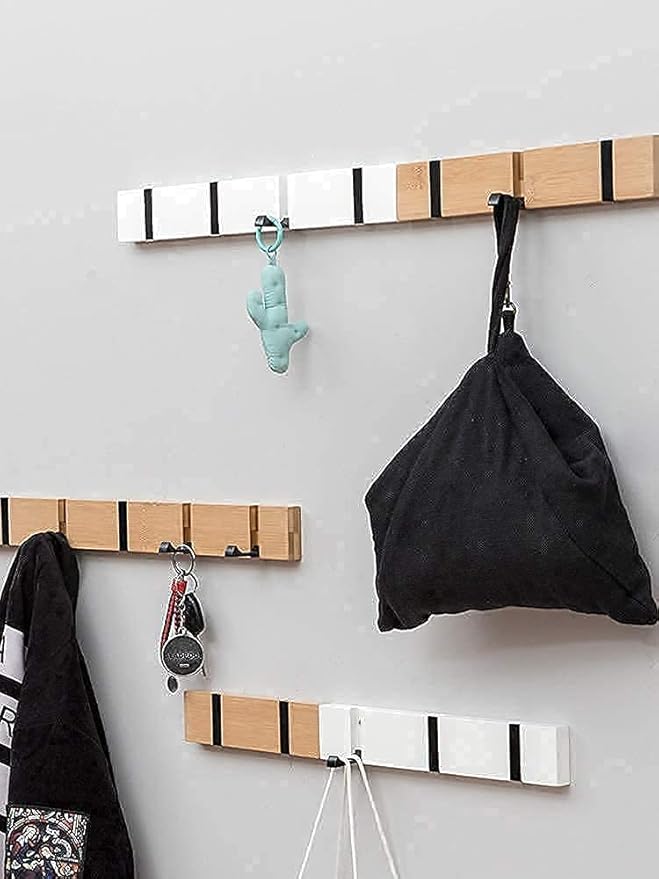 Wall Mounted Coat Rack with Foldable Hooks - Modern Space-Saving Wooden Entryway Organizer for Coats, Bags, Hats, Keys (4 Hooks, Natural Finish