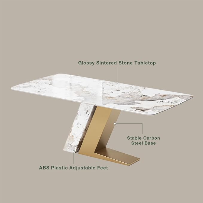 POVISON 63" Modern Luxury Gold Rectangular Dining Table for 4, Glossy Sintered Stone Tabletop, White and Gold Z-Shaped Stainless Steel Base (Dining Table Only)