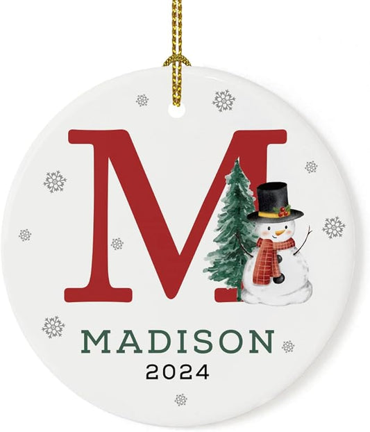 Andaz Press Personalized Ornament, Custom Name, Initial M Monogram Snowman 2.8" Ceramic Porcelain 2025 Christmas Ornament Keepsake for Kids, Boys, Girls, Initial Ornaments Monogram Ornaments 1-Pack