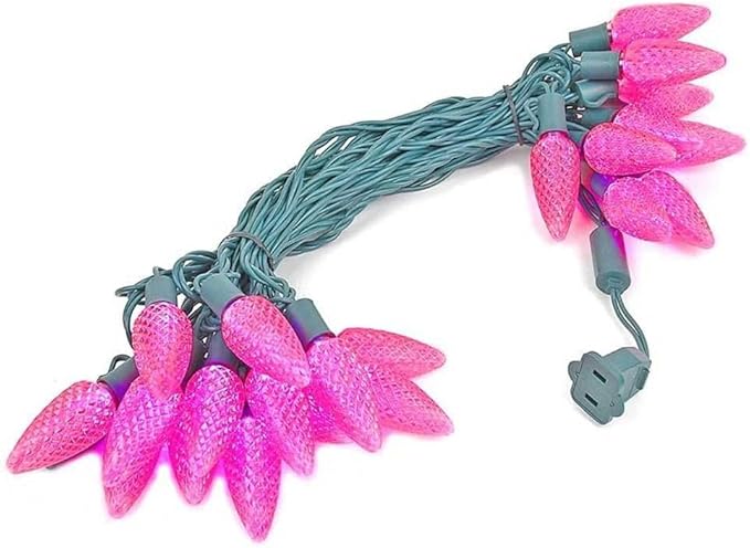 Novelty Lights 25 Feet 25 Light C9 Diamond Faceted LED String Lights, Pink, Pre-Lamped Holiday Lights on Green Wire, UL Listed Indoor/Outdoor, Connectable End-to-End