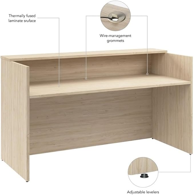 Bush Business Furniture Arrive 72W x 30D Reception Desk with Shelf in Natural Elm, Modern Receptionist Station for Office Waiting Room
