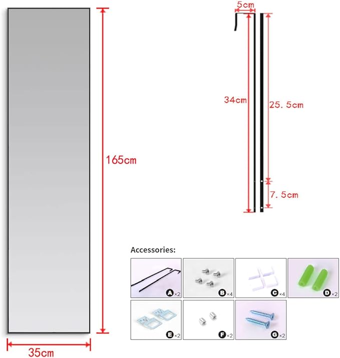 ANYHI Large Full Length Mirror, 65"x13.8" Door Mirror Full Length, 2 Hooks, Over The Door or Wall Monuted, Aluminum Frame, for Bedroom Bathroom Checkroom, Black