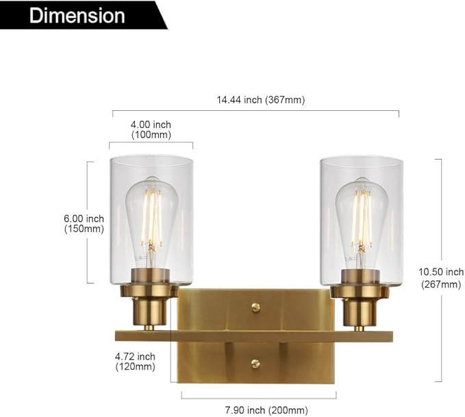 MELUCEE 2-Light Wall Sconce Brushed Brass Vanity Light Fixture Modern Style with Clear Glass Shade for Bathroom Hallway Bedroom Living Room Kitchen