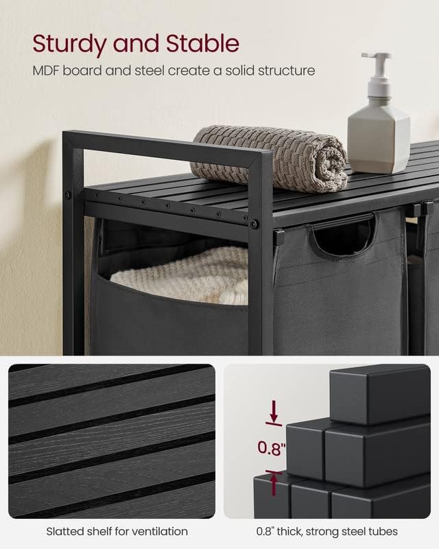 VASAGLE Laundry Hamper, Laundry Basket, Laundry Sorter with 3 Pull-Out and Removable Bags, Shelf, Metal Frame, 3 x 10.6 Gallons (40 L), 36.4 x 13 x 28.4 Inches, Slate Gray and Charcoal Gray UBLH301G01