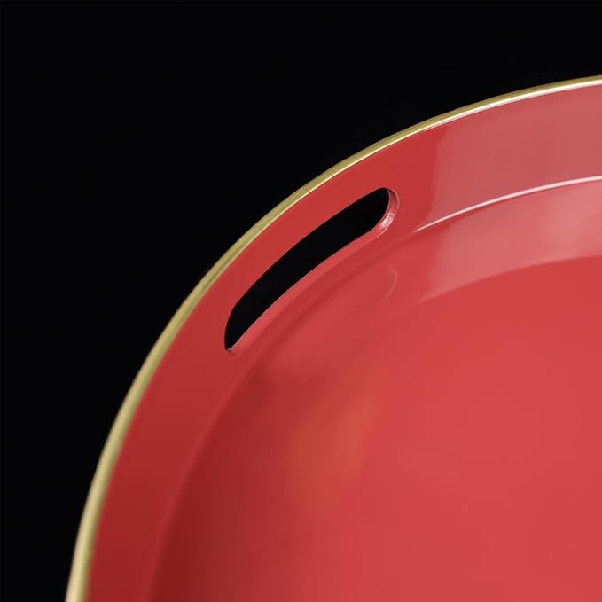 Red Round Decorative Tray with Handles, 13" Elegant Coffee Table Serving Tray for Ottoman Living Room, Bathroom, Outdoors, Breakfast