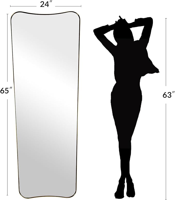 ANDY STAR 24" x 65" Full Length Mirror, Brushed Gold Floor Mirror with Premiun Stainless Steel Thin Frame, Antique Italian Curved Design, Wall Mountable or Leaning for Bedroom, Living Room, Cloakroom