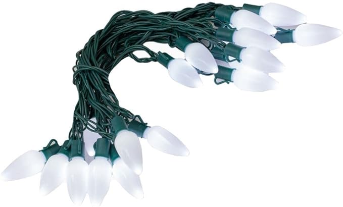 Novelty Lights 25 Feet 25 Light C9 Ceramic Style LED String Lights, Pure White, Pre-Lamped Holiday Lights on Green Wire, UL Listed Indoor/Outdoor, Connectable End-to-End