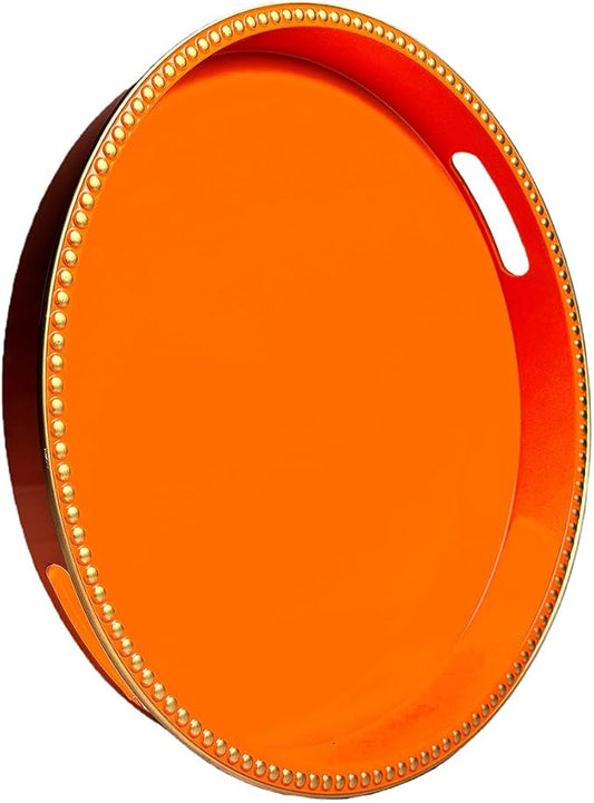 Orange Decorative Tray for Coffee Table, Round Beaded Plastic Serving Tray forKitchen Counter, Ottoman, Living Room,(13")