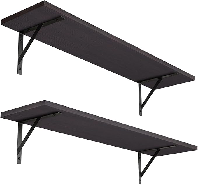 DINZI LVJ Long Wall Shelves, 23.6 Inch Wall Mounted Shelves Set of 2, Easy-to-Install, Storage Ledges with Sturdy Metal Brackets for Living Room, Bathroom, Bedroom, Kitchen, Espresso
