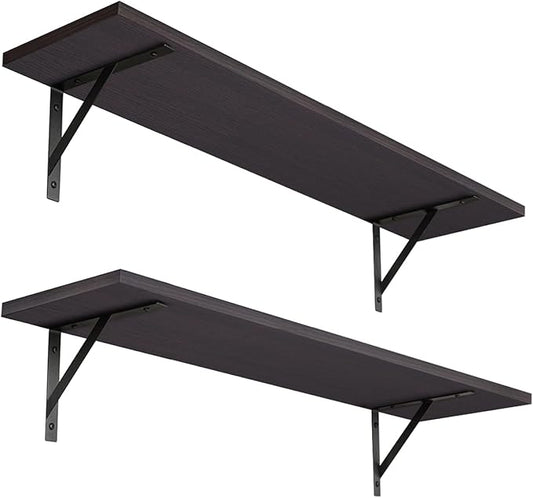 DINZI LVJ Long Wall Shelves, 23.6 Inch Wall Mounted Shelves Set of 2, Easy-to-Install, Storage Ledges with Sturdy Metal Brackets for Living Room, Bathroom, Bedroom, Kitchen, Espresso