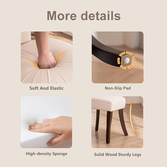 Mid Century Modern Dining Chairs Set of 2, Upholstered Side Dining Chairs with Curved Back Linen Fabric Armless Wood Chairs Kitchen & Dining Room Farmhouse Chairs (Ivory, Set of 2)