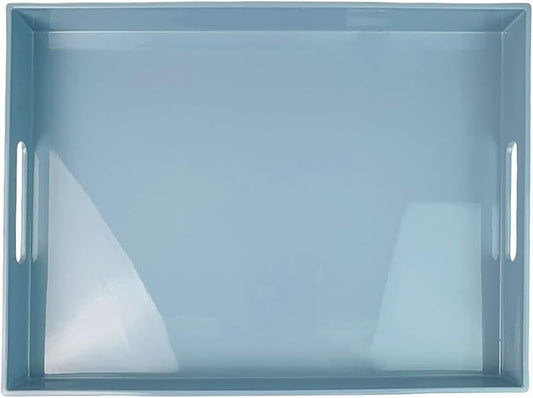 Light Blue Decorative Tray, Rectangular Large Serving Tray with Handles, Plastic Coffee Table Tray for Ottoman, Living Room, Kitchen Tabletop, 15.7” x 11.8” x1.6”